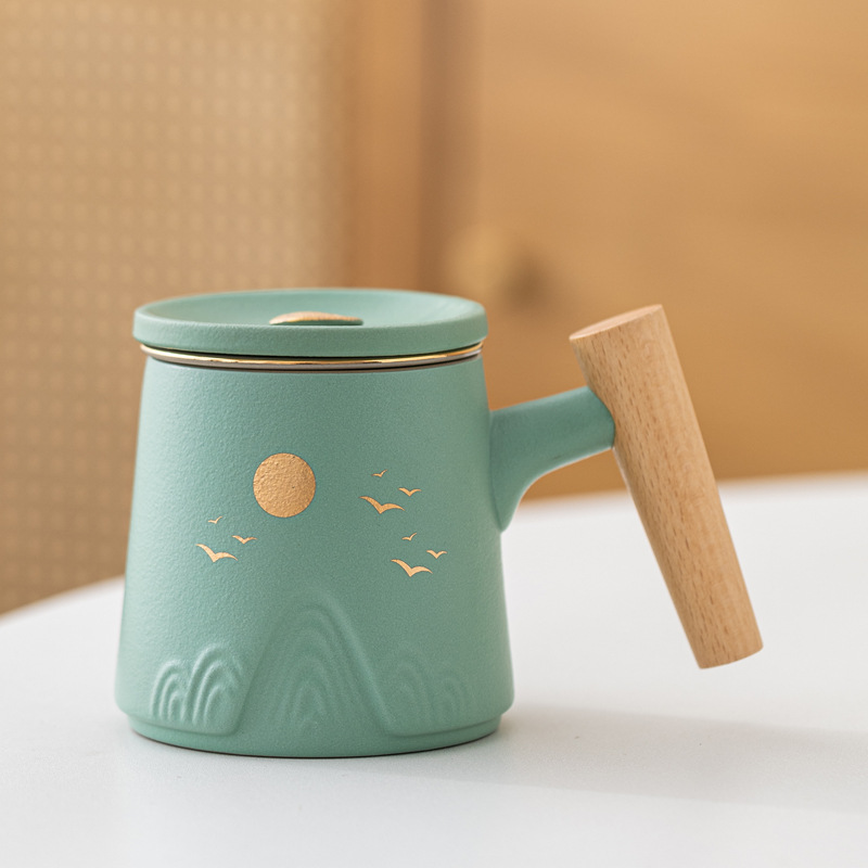 Guofeng Wenchuang marca taza de cerámica Zhoushan tres piezas juego de regalo de mano taza de calentamiento tallado comercial LOGO nombre