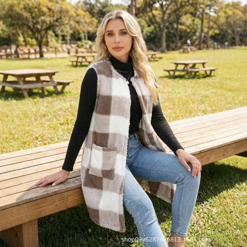 New cross-border long plaid fleece vest for women, loose and stylish sleeveless cardigan jacket, wholesale, bestseller on Amazon New cross-border long plaid fleece vest for women, loose and stylish sleeveless cardigan jacket, wholesale, bestseller on Amazon