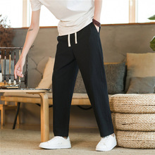 爆款亚麻九分裤男夏季薄款中国风男士棉麻长裤宽松直筒休闲裤子