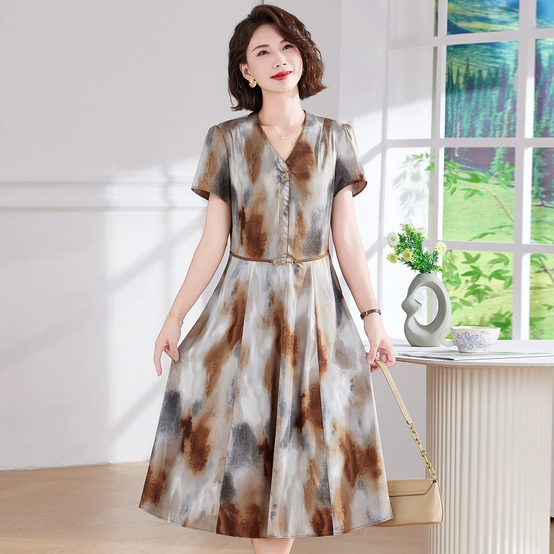 Летнее модное элегантное платье для женщин среднего возраста, облегающее талию, новое платье с цветочным принтом для женщин среднего и пожилого возраста.