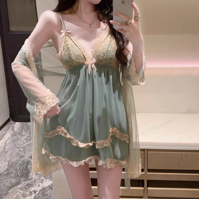 Sexy Pajamas with Breast Pads for Women 2025 New Summer Spring & Fall Pure Lust Style Ice Silk Lace Suspender Nightgown Set