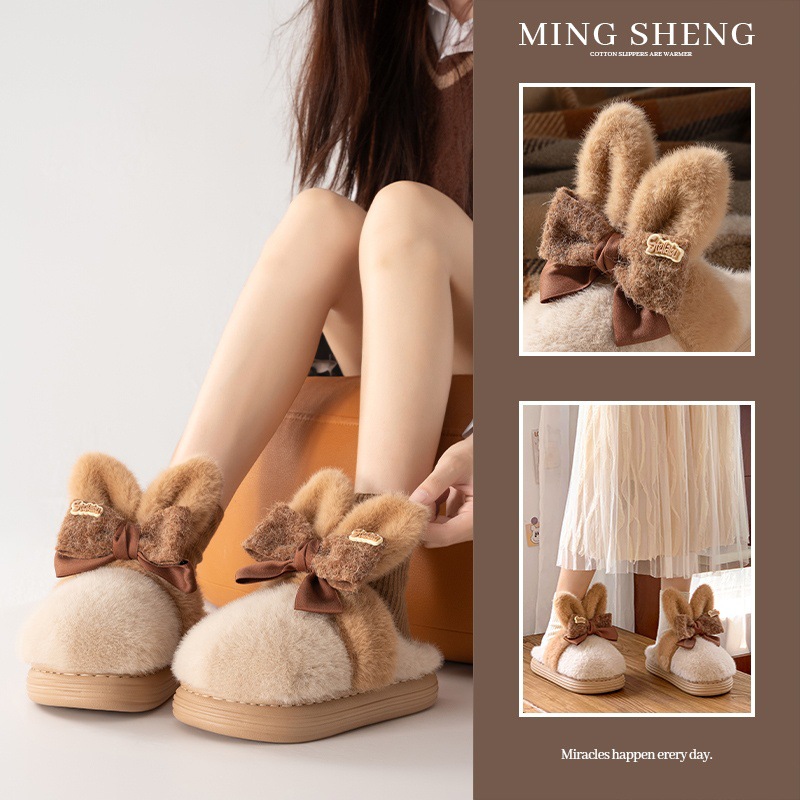 Sin impuestos) invierno nuevo tipo de orejas grandes lindos conejos arco zapatos de mujer para usar en el hogar grueso calentamiento suela suave