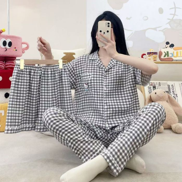 Venta al por mayor transfronteriza 120g pijamas de algodón de nube de verano de manga corta para mujer pantalones cortos de algodón de nube de verano de tres piezas servicio a domicilio de dibujos animados