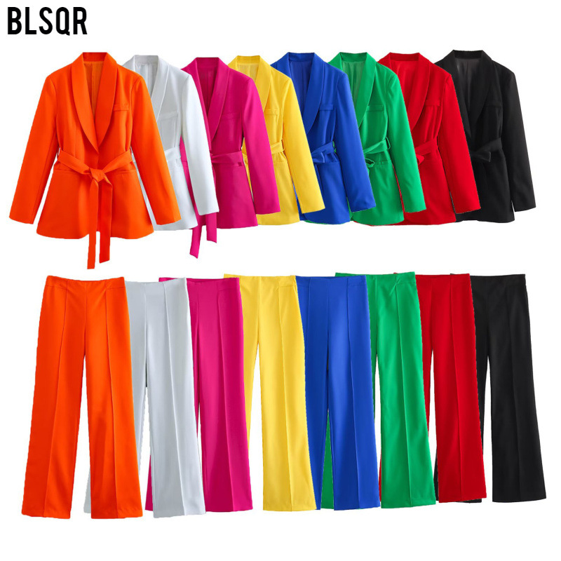 速卖通2023外贸欧美女装法式配腰带礼服小西装外套+休闲长裤修身