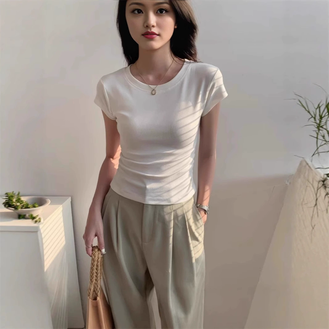 Белая круглая футболка с коротким рукавом для женщин, лето 2025, новый дизайн, нишевая модель, с правым плечом, высокая талия, топ