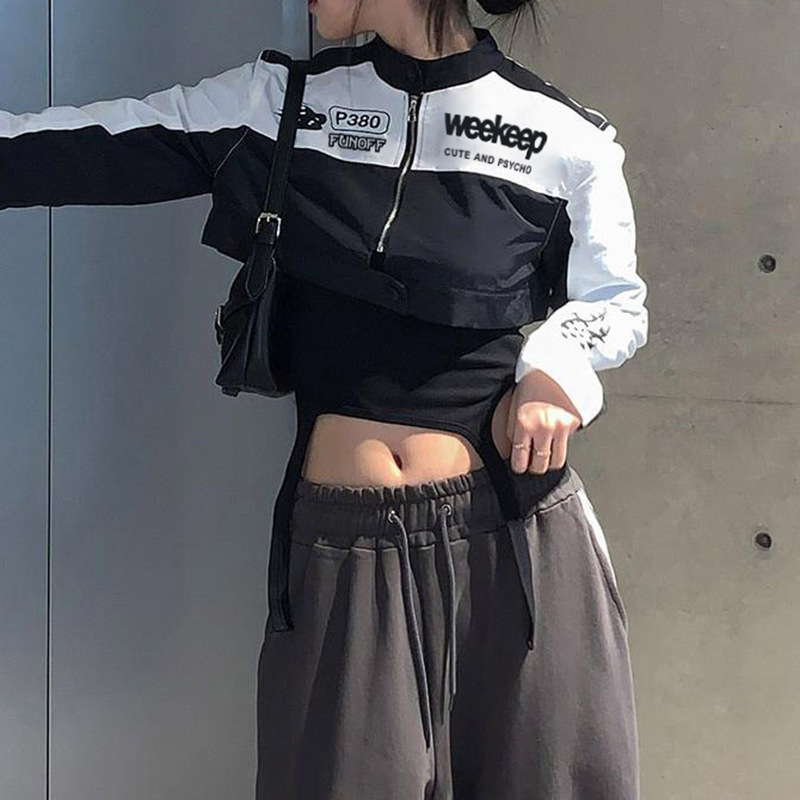 辣妹机车风拼色印花拉链短款外套女2025秋季欧美时尚新款夹克上衣|undefined