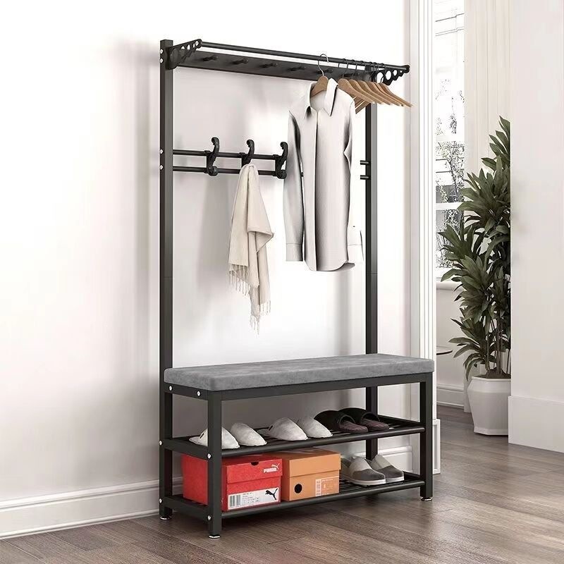 Simple Shoe-Changing Bench with Integrated Coat Rack and Storage Shelf for the Entryway