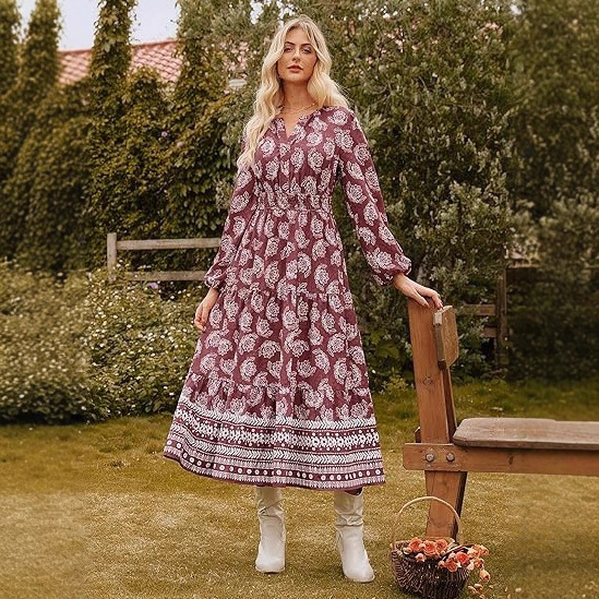 2025 Long Sleeve Floral Print Maxi Dress V Neck High Waist a Line Flowing Wedding Guest Dresses