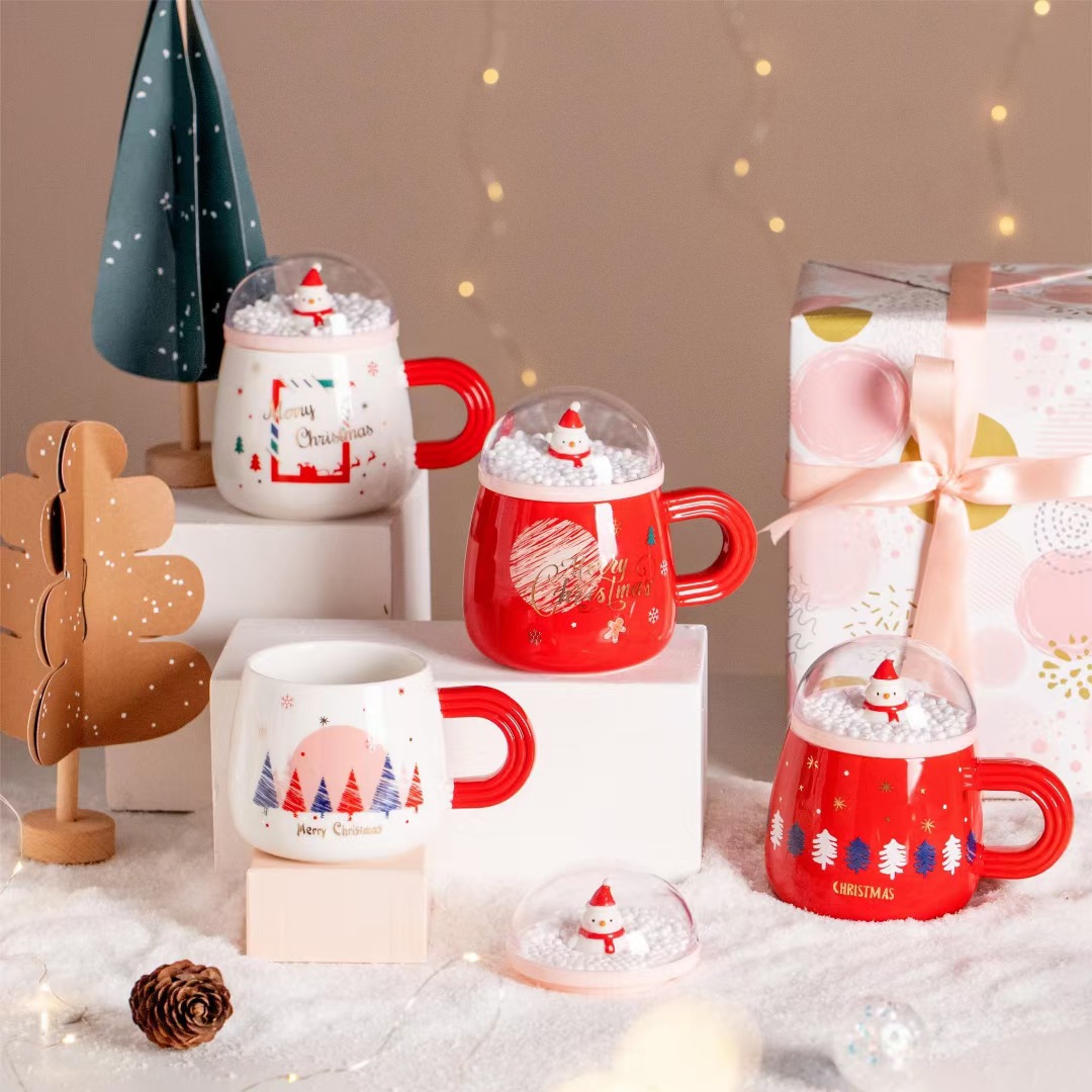 Personalidad creativa 3D muñeco de nieve paisaje Navidad regalo taza cerámica con tapa Oficina café