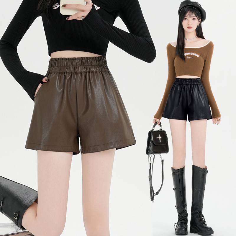 Real Shot of Double-Layered Shorts with Lining, Elastic Waist, Slimming Flower Bud Waistband, Age-Reducing, Plus-Size, Commuter Style, Washed Pu Leather Shorts for Women Real Shot of Double-Layered Shorts with Lining, Elastic Waist, Slimming Flower Bud Waistband, Age-Reducing, Plus-Size, Commuter Style, Washed Pu Leather Shorts for Women
