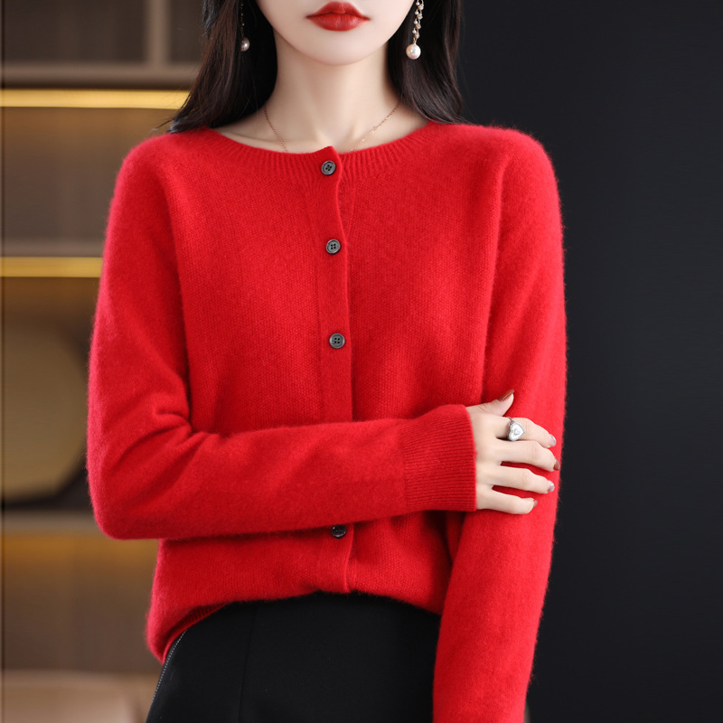 秋装新商品100% 純ウールカーディガン女性セーターコート一線成衣ゆるい長袖ニット上着薄い|undefined