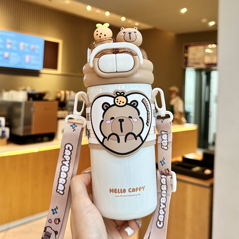 卡皮巴拉保温杯可爱儿童吸管杯上学专用316不锈钢防摔斜跨大肚杯|undefined