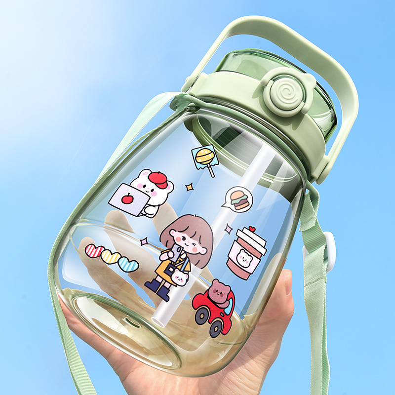 Taza de plástico de gran capacidad Red de red de alto valor Taza de doble bebida grande para el vientre Niños Estudiantes Pajitas Deportes Taza de agua portátil Regalo