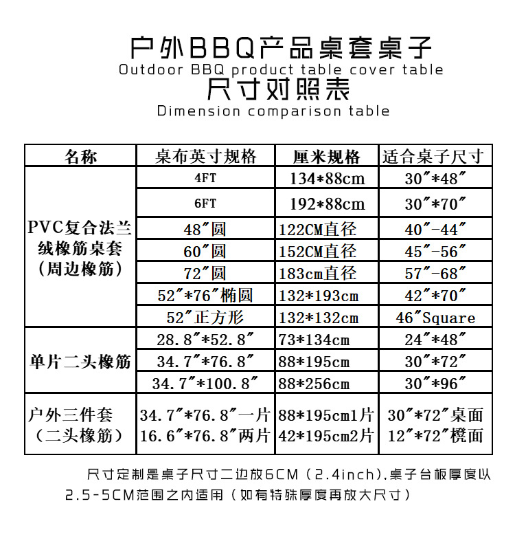户外桌套规格适用表