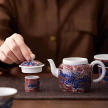 宫廷风鱼化龙泡茶壶家用功夫茶具青花釉里红高端茶壶带盖置
