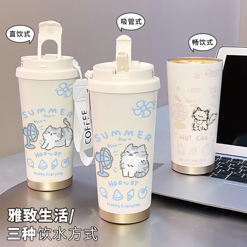 Cat Thermos Cup Cartoon Simple Large Capacity Student Straw High-Value Internet Celebrity Water Cup Portable Coffee Cup Wholesale Cat Thermos Cup Cartoon Simple Large Capacity Student Straw High-Value Internet Celebrity Water Cup Portable Coffee Cup Wholesale