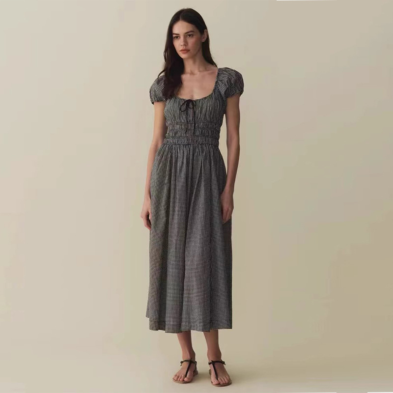 in stock 710 New 2025 Black and White Square Collar Pure Cotton Holiday Waist Mid-length dress French Style Women