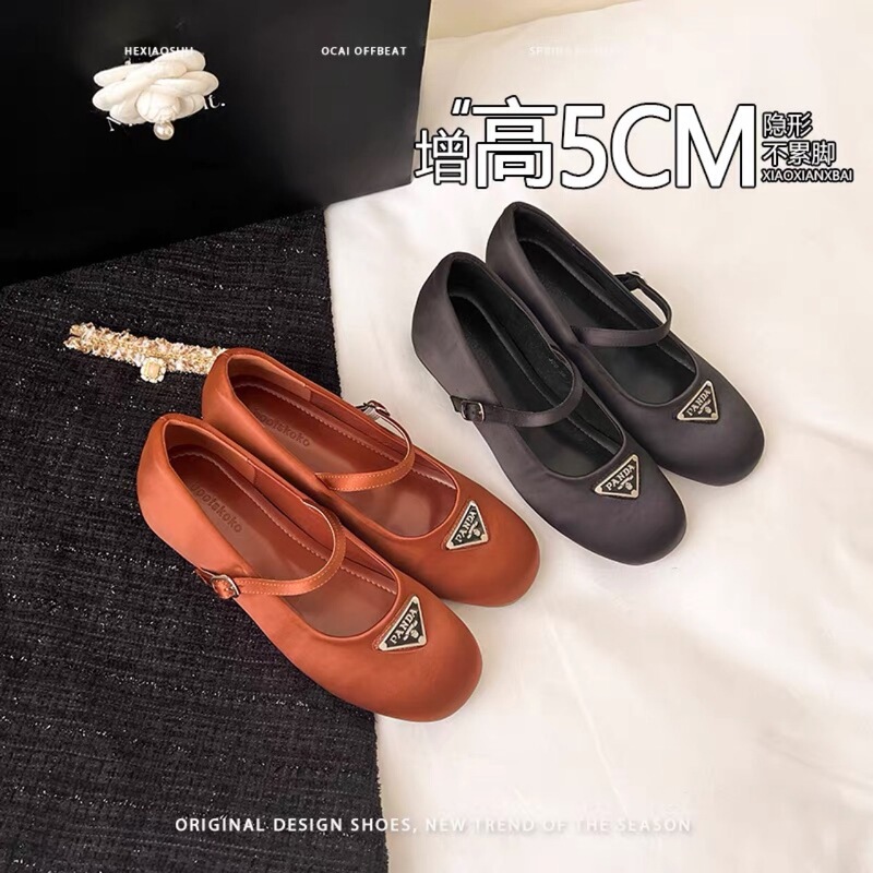 Sheepskin Version ~ Invisible Inner Heightening 5cm Flats Mary Jane Shoes for Women 2025 Spring Elegant Triangle Logo One-Strap Flats