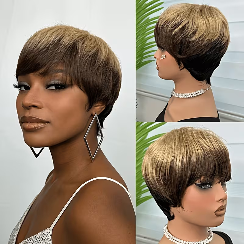 European and American women's short pixie wig with black roots and golden highlights, bangs, and stylish party wig for black women