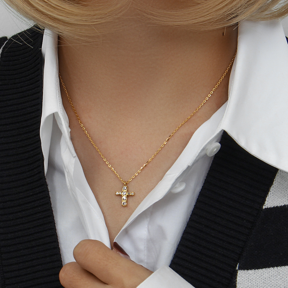 Fashion Cross Stainless Steel Necklace Plating Inlay Zircon Stainless Steel Necklaces