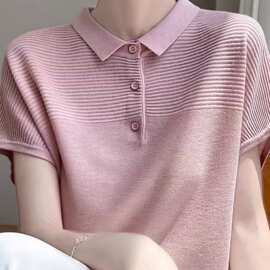 夏季女士薄款粉色polo衫女t恤针织冰丝短袖设计感短款感上衣