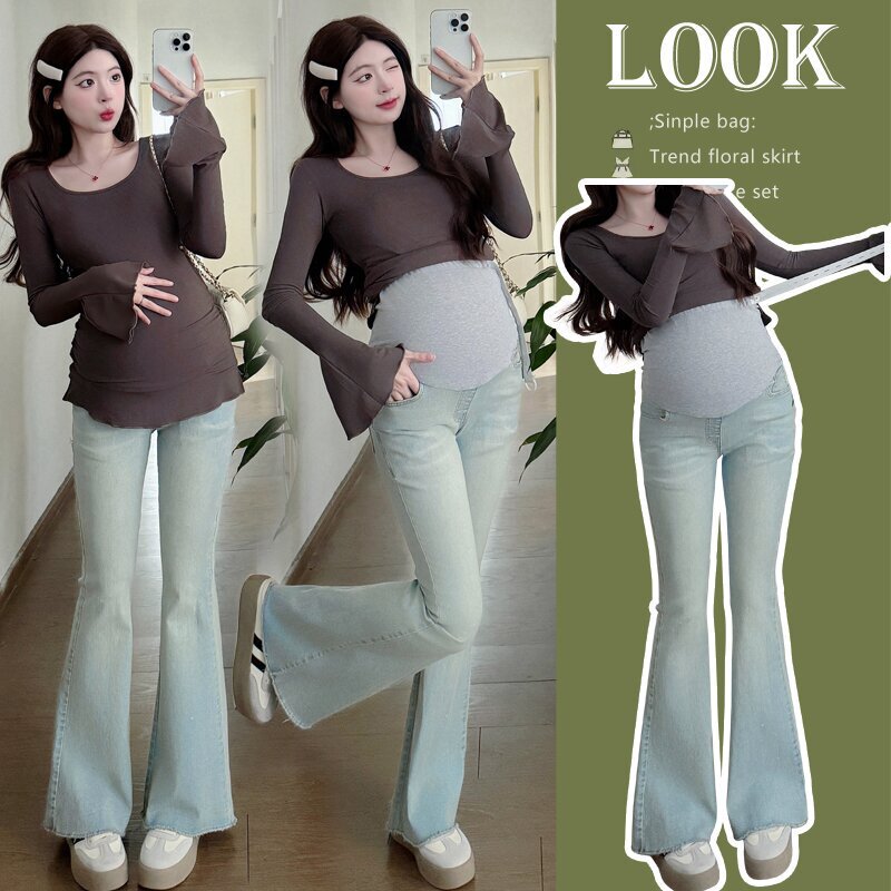 Real Shot of Maternity Jeans 2025 Fashionable Slim Fit Micro-Flared Pants Belly Support Pants Tops Can Be Matched by Yourself