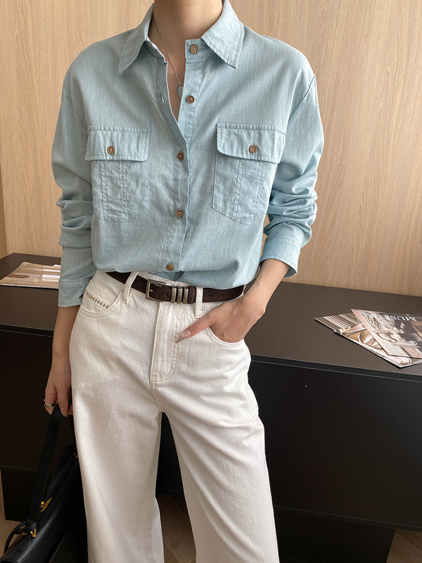 司南 初秋新作 テンセル麻 オールドマネー風 ダブルポケット ゆったり着痩せ通勤シャツ SN7729|undefined