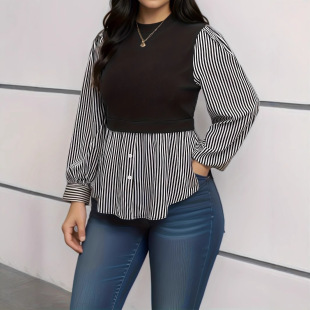 Cross-border European and American Amazon Women's Striped Stitching Button plus size Shirt