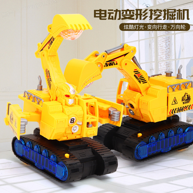 Excavadora de juguete eléctrica multidireccional para niños, vehículo de ingeniería que se transforma en robot, puesto callejero con luces y música.
