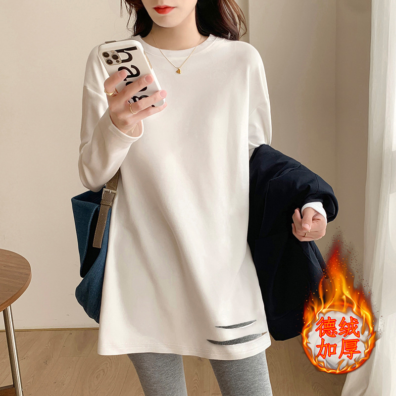 中长款德绒白色打底衫女内搭秋冬加绒加厚长袖t恤卫衣叠穿上衣潮