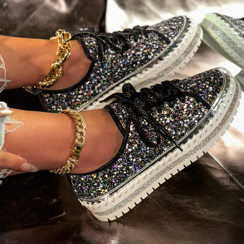 Cross-border sponge cake rhinestone loafers women's spring and autumn new Korean-style sequined board shoes lace-up thick-soled casual sneaker