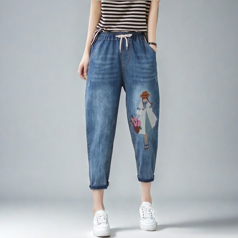 Jeans Women's Spring and Autumn Vintage Embroidered Drawstring Women's Ripped Denim Casual Pants Women's Harlan Cropped Pants