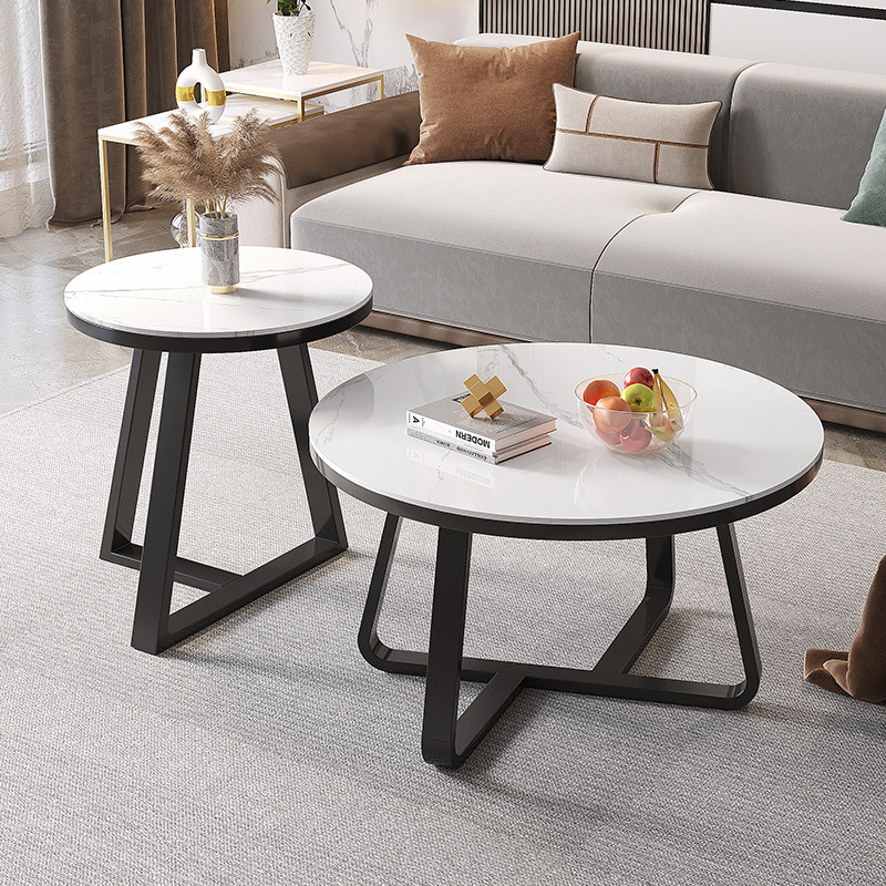 Modern Minimalist Round Small Coffee Table for Small Apartments, Living Room, Bedroom, Trendy Ins-Style Thickened Rock Slab Surface