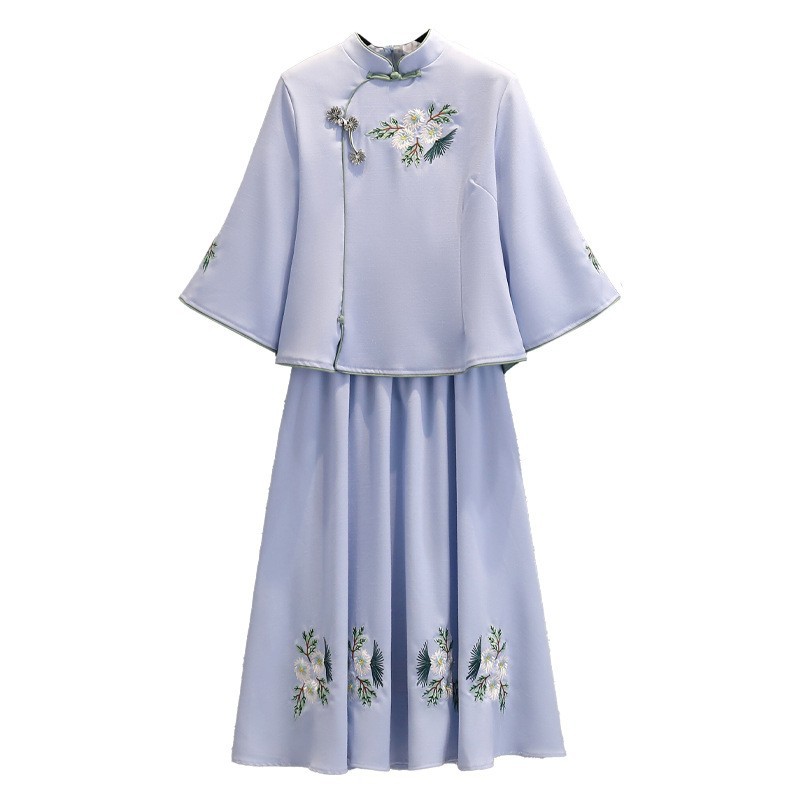 Carefully Selected Vintage Chinese-Style Daily Improved Tang Suit Cheongsam Cotton-Linen Embroidered Hanfu Top Chinese-Style Three-Quarter Sleeve Tea Dress