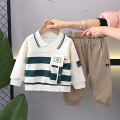 五小七童裝2024春秋款新款0-5歲男童女童條紋大口袋翻領衛衣套裝