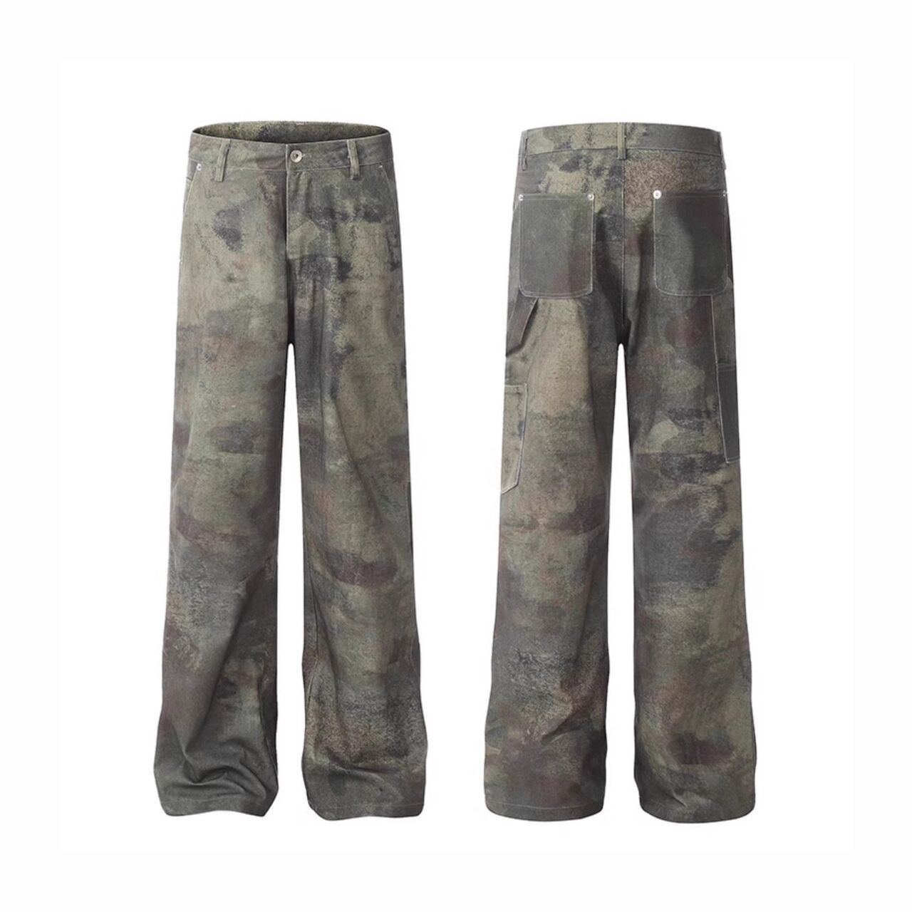 Men's Vintage Washed Denim Jeans | Digital Print Camouflage Pattern | Relaxed Fit Wide Leg Trousers For Retro Streetwear Style_viptrois.com