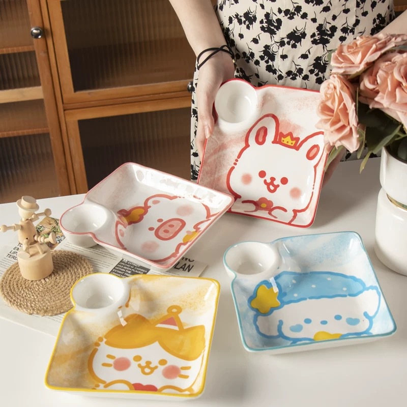 饺子盘陶瓷带醋碟盘子寿司盘子饺子专用盘可爱卡通菜盘子薯条盘