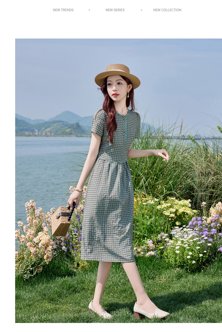 Đầm sơ mi kẻ caro cotton retro eo buộc dây dài trung bình — Màu sắc hình ảnh chi tiết 16