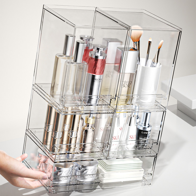 Caja de almacenamiento de cosméticos de escritorio transparente a prueba de polvo de gran capacidad tipo cajón de tocador de máscara facial caja de acabado