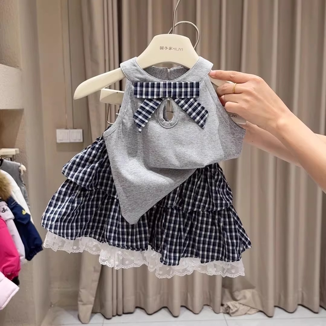 [40-count Cool Silk Cotton Ribbed Top] Girls' 2026 Summer New Style Bowknot Sleeveless Top and Skirt (Two Pieces)