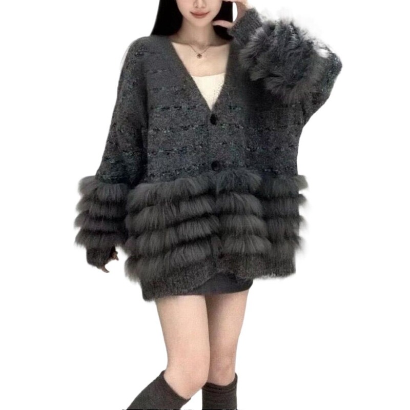 秋冬高级感仿狐狸毛亮丝条纹韩系中长宽松显瘦毛衣慵懒风外套女|undefined