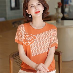 Mom's Summer Clothes 2025 New Bat-Sleeved Tops Fashionable Ice Silk Shirts Middle-Aged and Elderly Women's Short-Sleeved Knitted T-Shirts