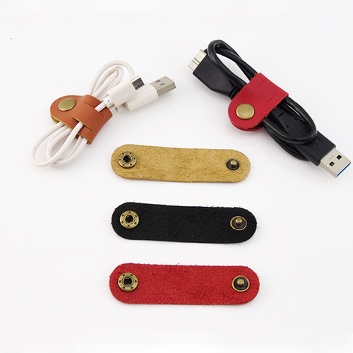 Manufacturer mobile phone data cable storage leather buckle headphone cable winder leather strap creative leather cable organizer