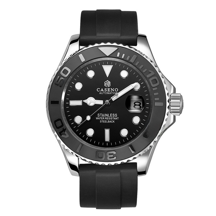 CASENO游艇硅胶表带21MM全自动机械运动男士手表防水蓝宝石镜面