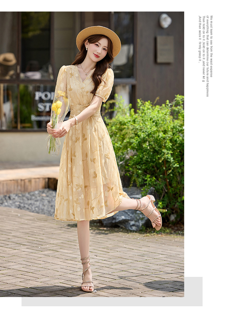 Đầm maxi nữ thắt eo tay bồng họa tiết hoa nhỏ cổ chữ V phong cách tea dress — Màu hồng, màu vàng chi tiết 13
