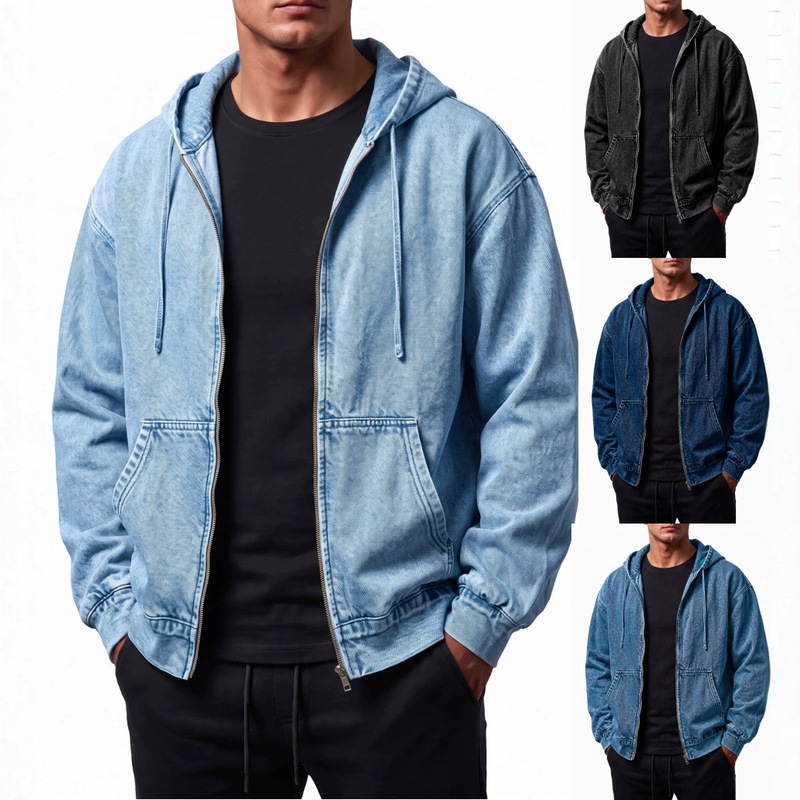 In-stock sale: 2026 cross-border Amazon American casual retro hooded denim jacket with zipper