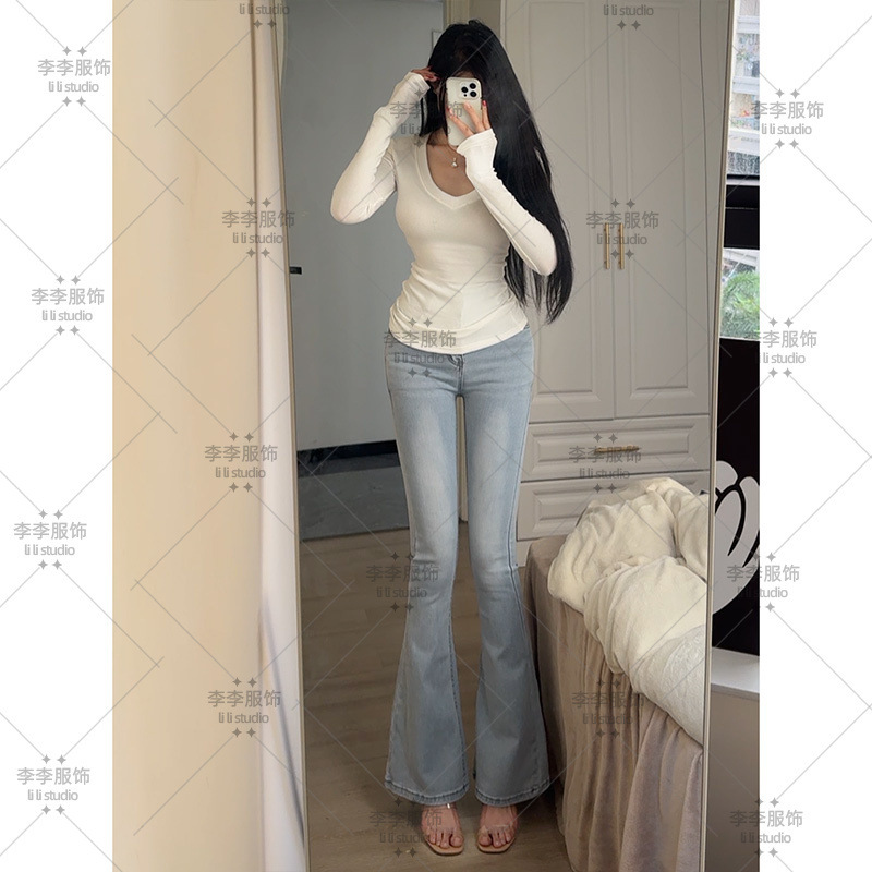 高腰排扣丰胯微喇牛仔裤女2025年夏季新款弹力显瘦显高喇叭长裤|undefined