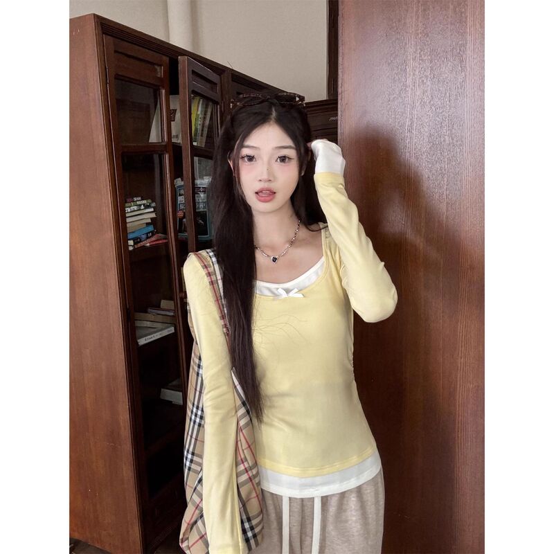 黄色chic假两件打底衫女春秋季2025新款纯欲修身掐腰长袖内搭上衣|undefined