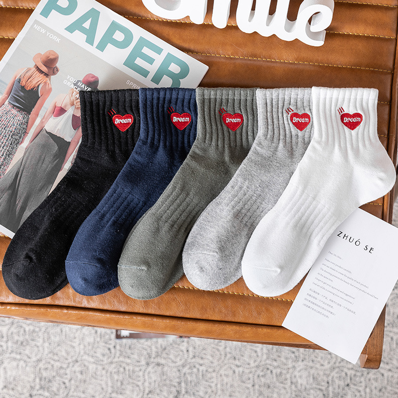 Red Heart Embroidery Mid-Calf Workwear Cotton Dotted Yarn Sports Elastic Socks Trendy Brand Unisex Low-Cut Socks for Spring and Summer