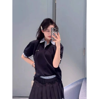高版本现货缪缪家假两件拼接poloT恤女减龄学院风上衣情侣短袖潮